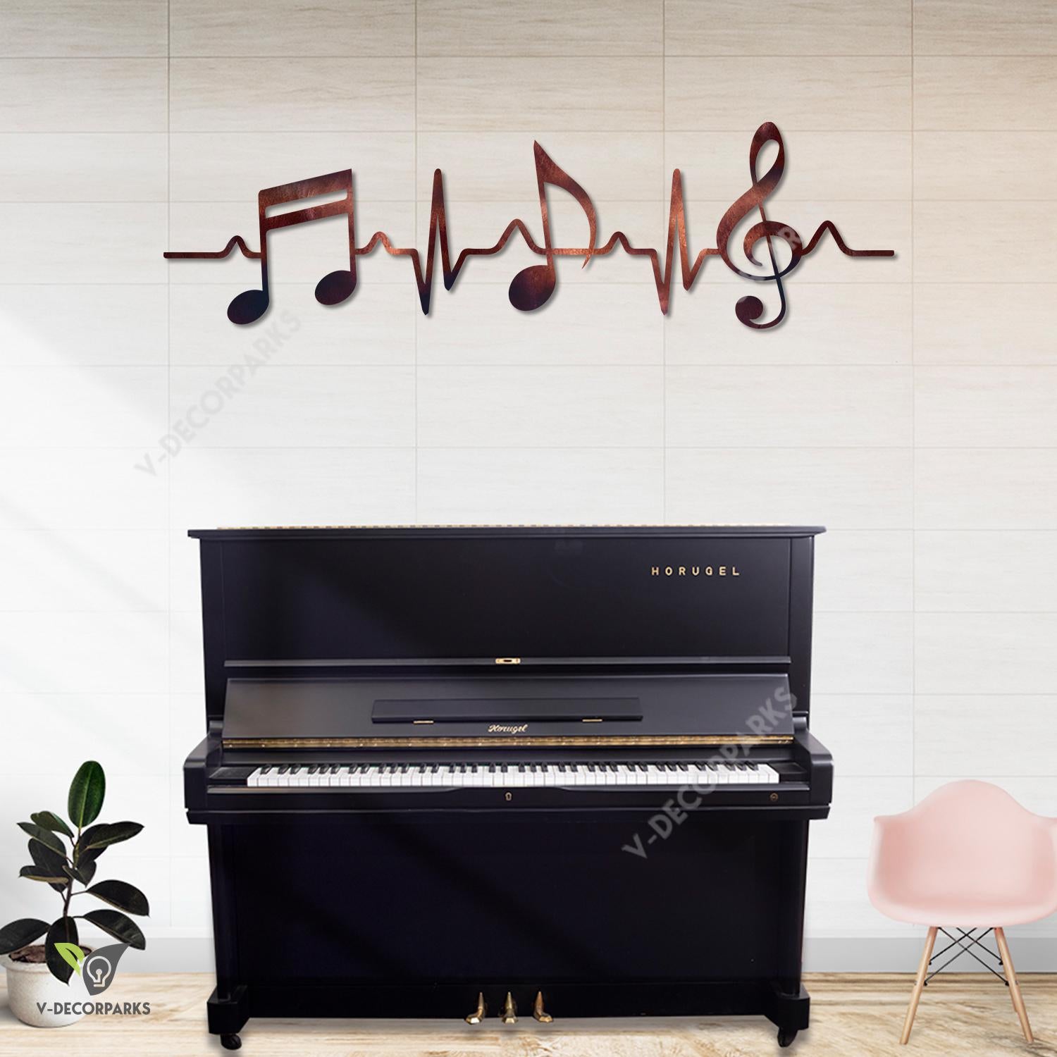 Heartbeat, Musical Notes And G Clef Metal Sign, Decorative Artwork For Musicians