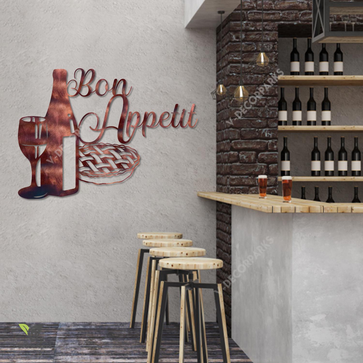 Bon Appetit Wine And Cake Copper Metal Art, Kitchen, Dining Room Metallic Decoration