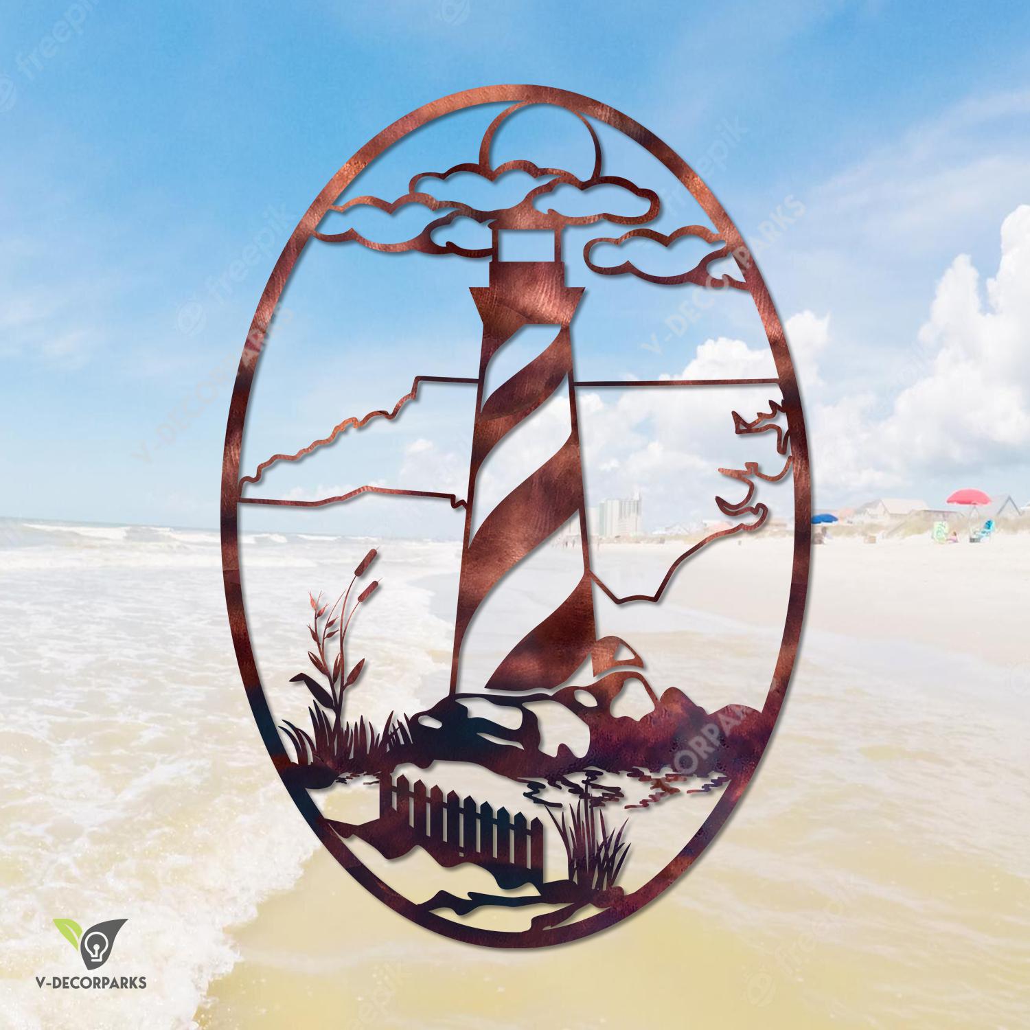 Copper Cape North Carolina Lighthouse In Oval Frame Metal Art, Lighthouse Beach Decor