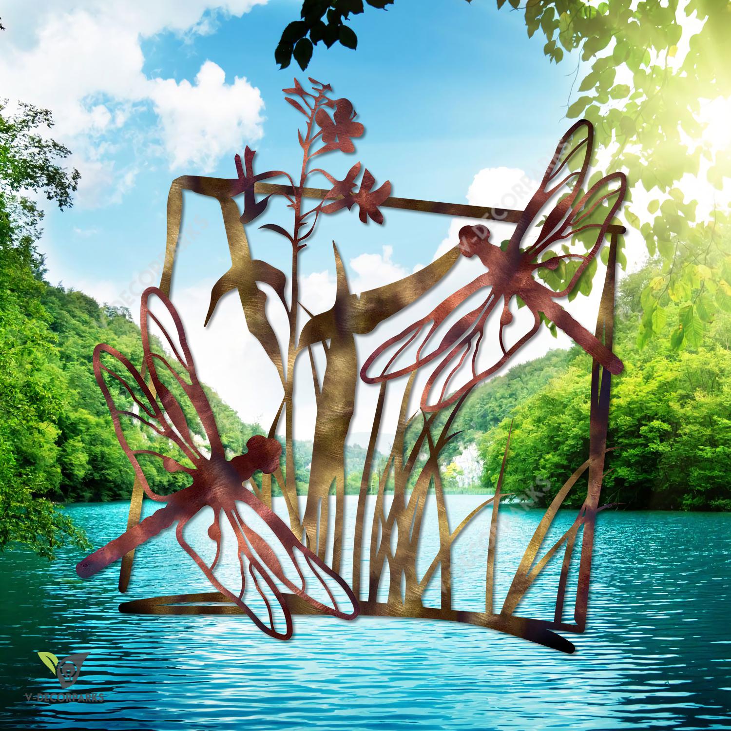 Dragonflies Flying On Lake Color Metal Art, Dragonfly Plasma Cut Artwork