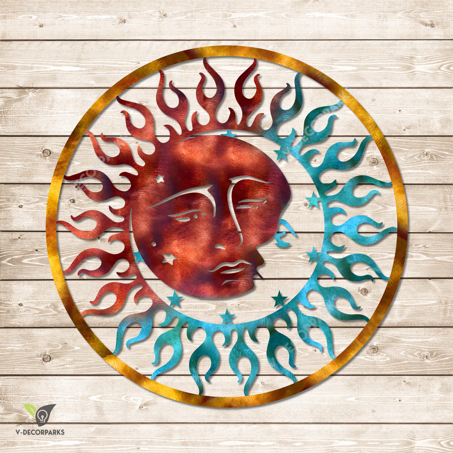 Sun, Moon And Stars Celestial Colored Metal Wall Art, Sun, Moon And Stars Celestial Living Room Decoration