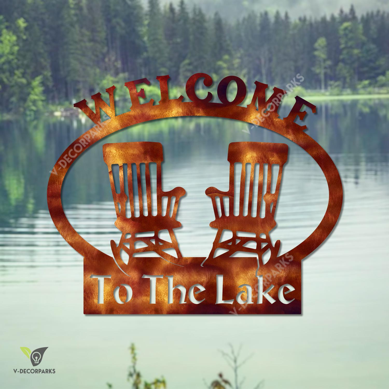 Welcome To The Lake With Chairs Copper Metal Sign, Lakehouse Metallic Door Hanging