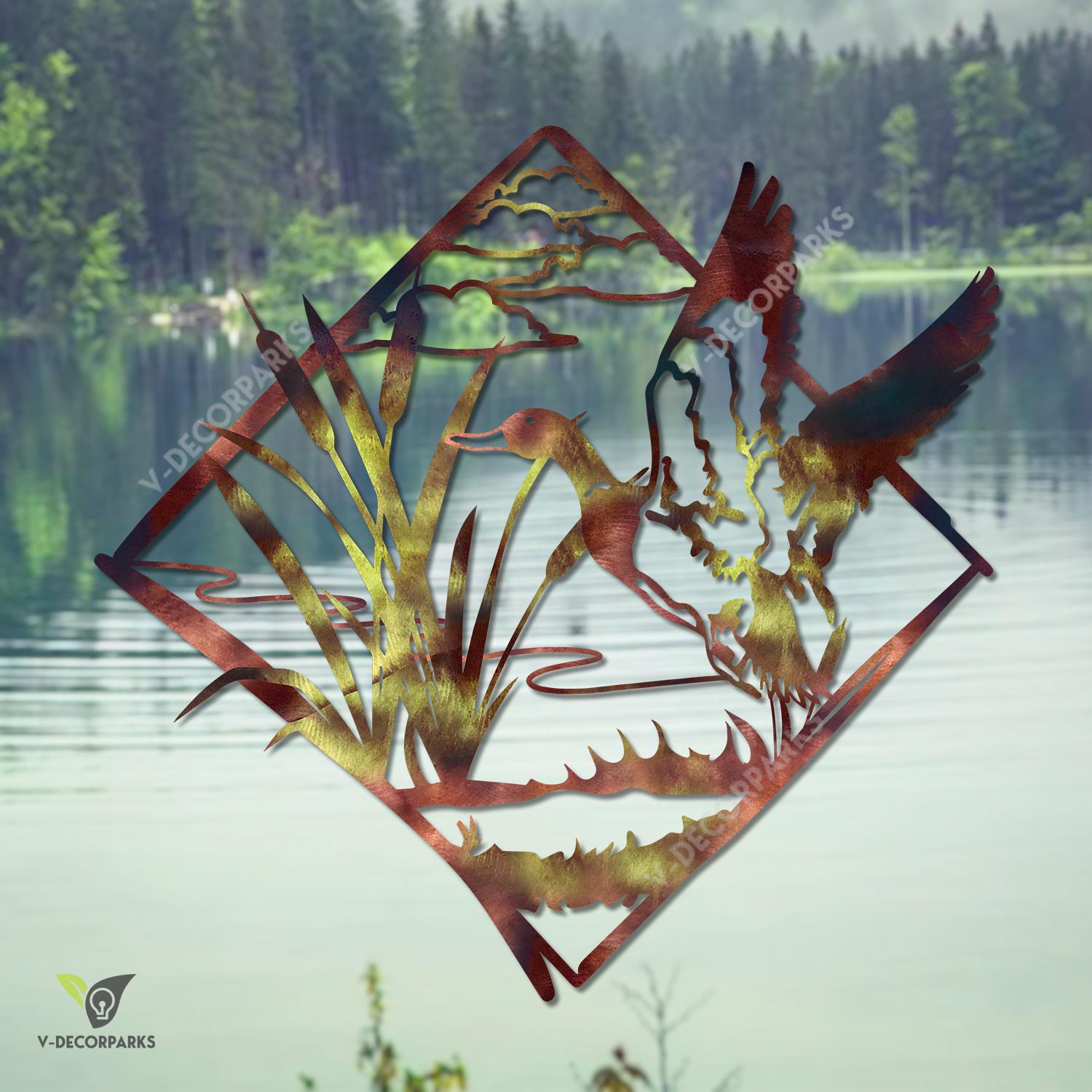 Flying Duck Lake Sence Metal Sign, Duck Hunting Cutout Artwork