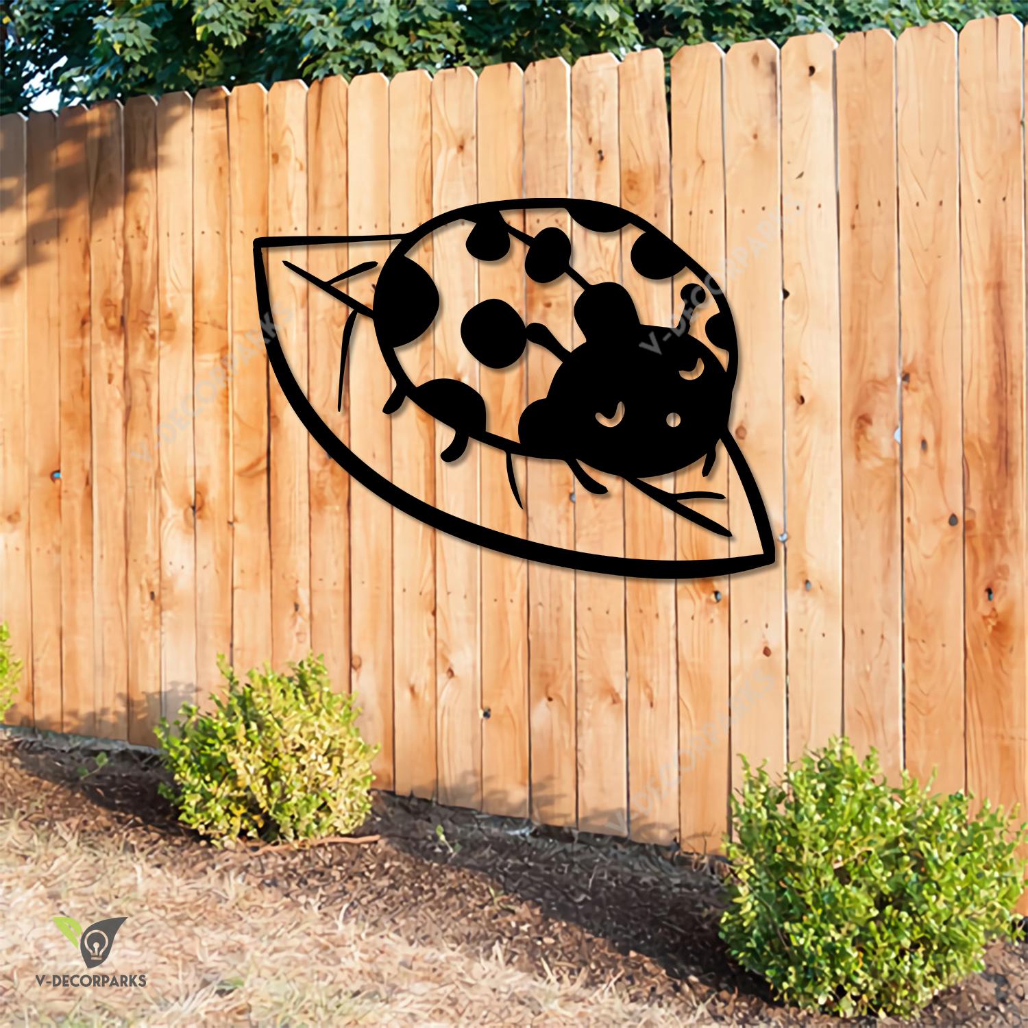 Ladybug On Leave Metal Art, Ladybug Plasma Cut Fence Accent