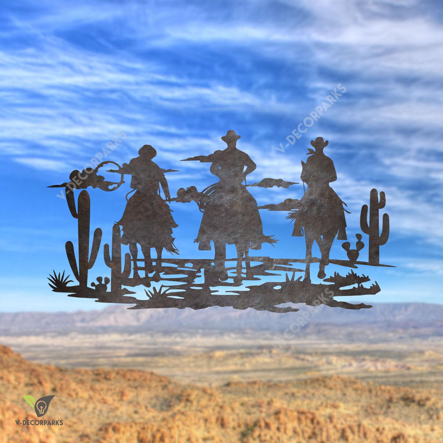 Cowboys On Desert Metal Art, Western Us Indoor Plaque
