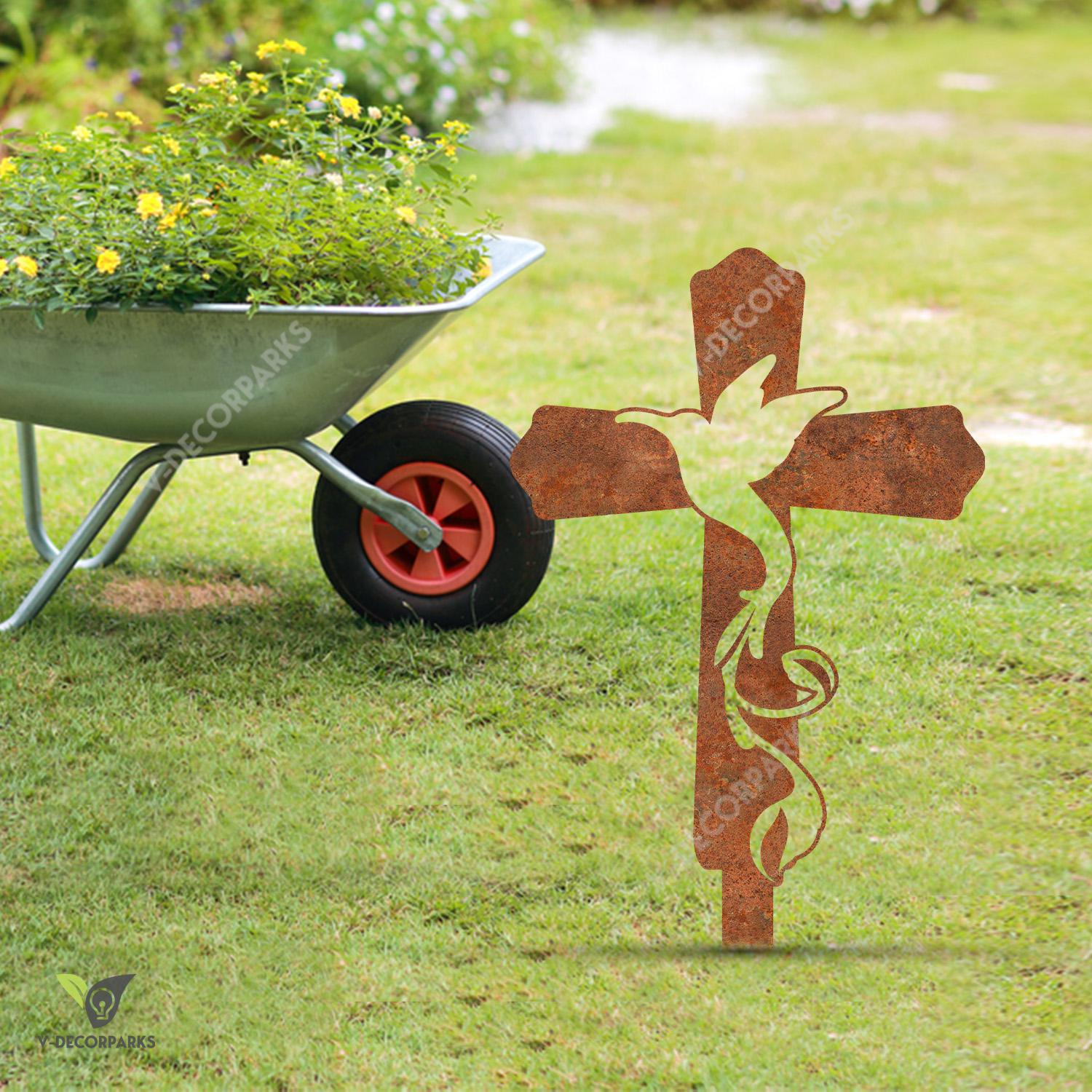 Rusty Cross And Dove Bird Jesus Metal Garden Decoration, Religion Exterior Accent