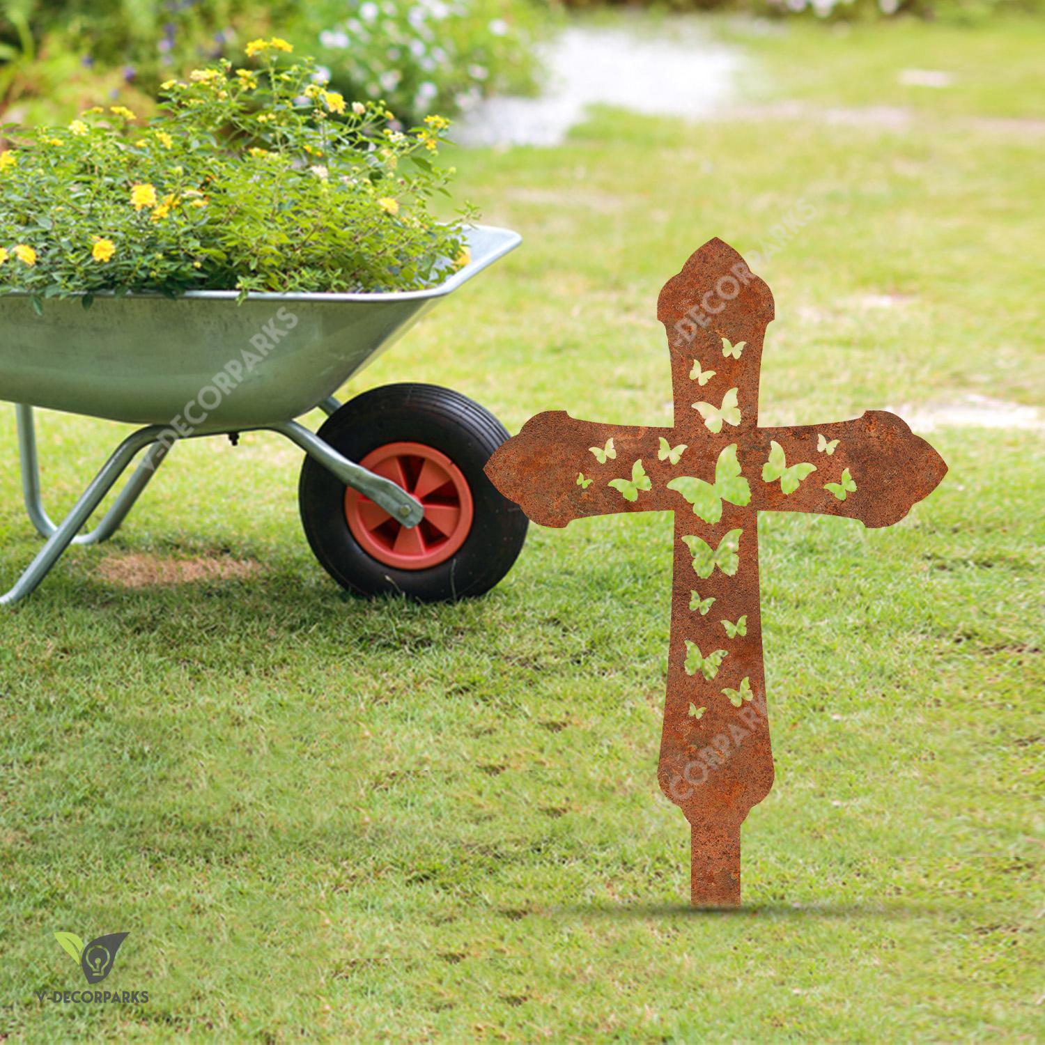 Rusted Cross With Butterflies Jesus Christ Metal Garden Decor, Holy Patio Stake For Mom