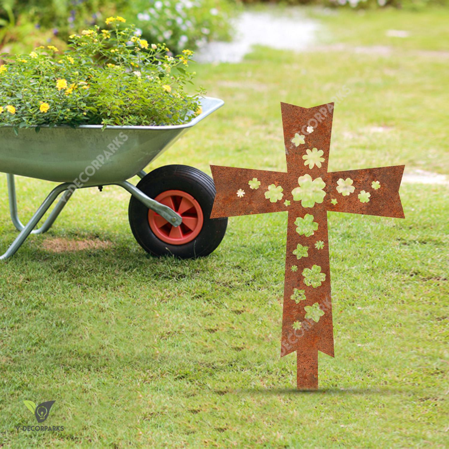 Rusted Cross And Flowers Jesus Metal Garden Art, Christianity Laser Cut Backyard Stake