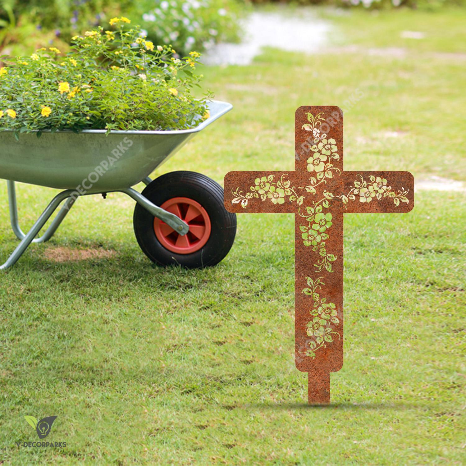 Rusty Cross With Flowers Metal Garden Sign, Jesus, God Outdoor Stake