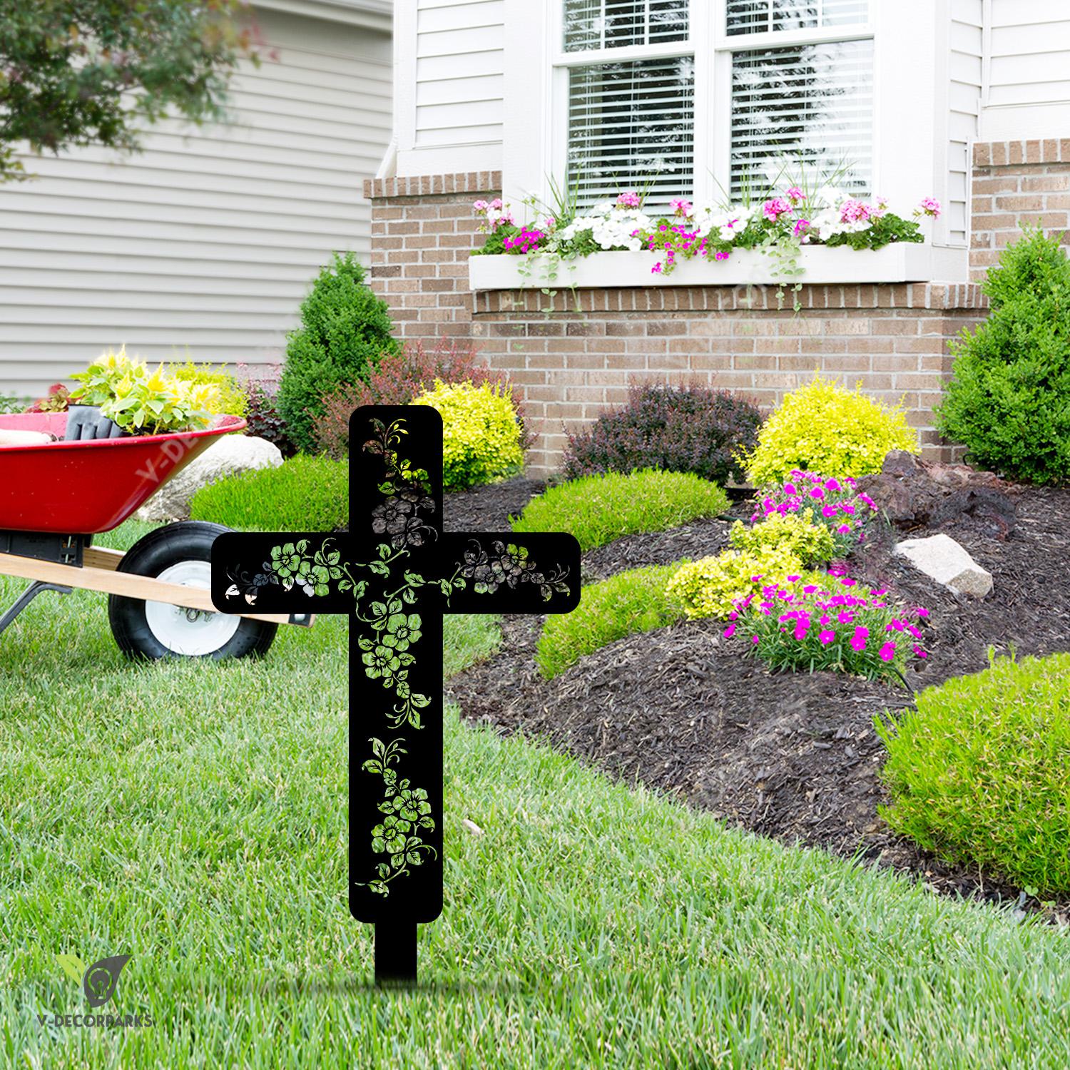 Cross And Flowers Metal Garden Sign, Jesus, God Outdoor Stake Metal Sign