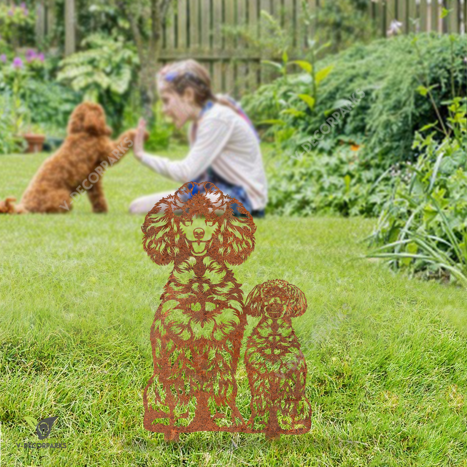 Rusted Standard Poodle Dog Mother With Her Poodle Child Metal Garden Art