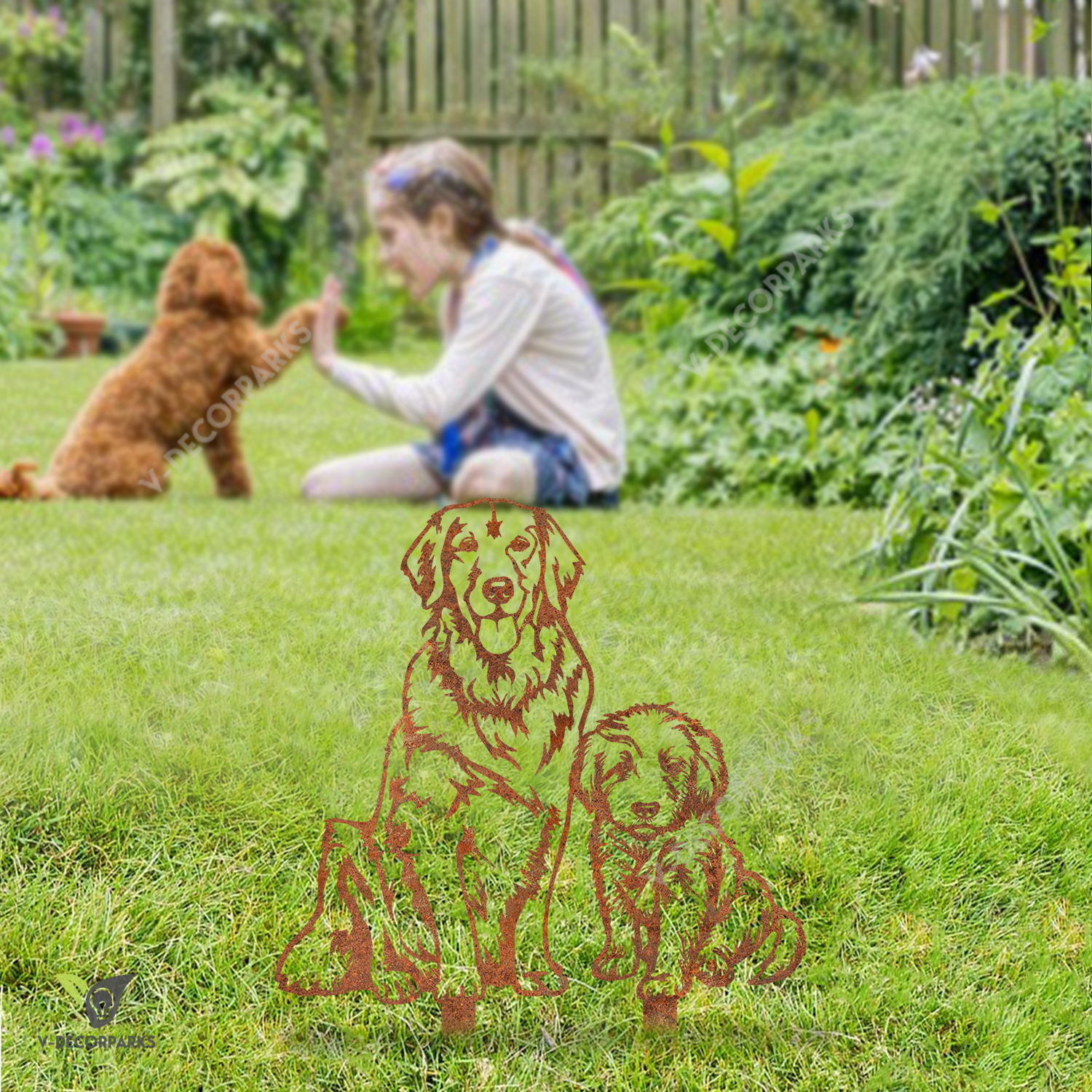 Rustic Golden Retriever Dog Mother With Golden Retriever Baby Metal Garden Decor