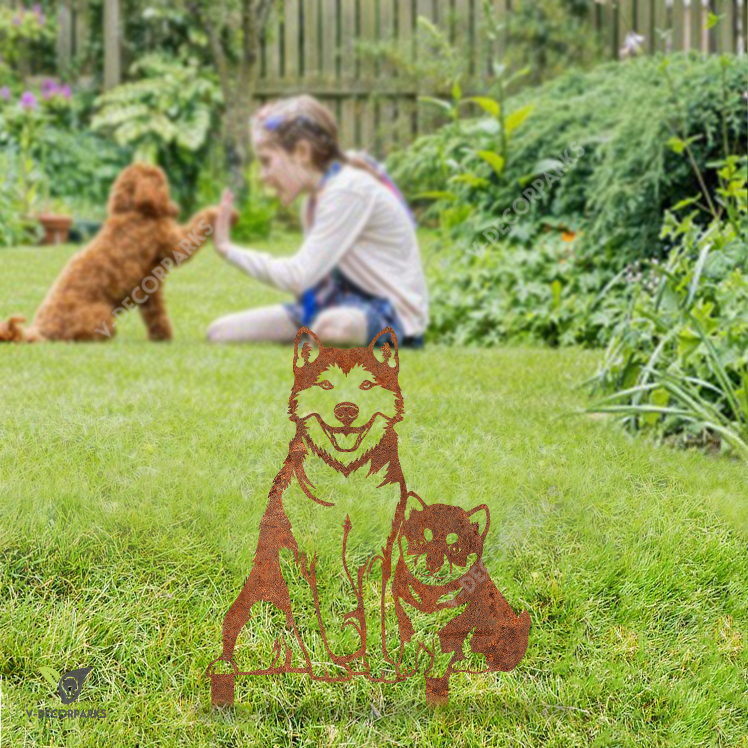 Rusted Shiba Inu Dog Mother With Shiba Inu Kid Metal Garden Decoration, Shiba Inu House Accent