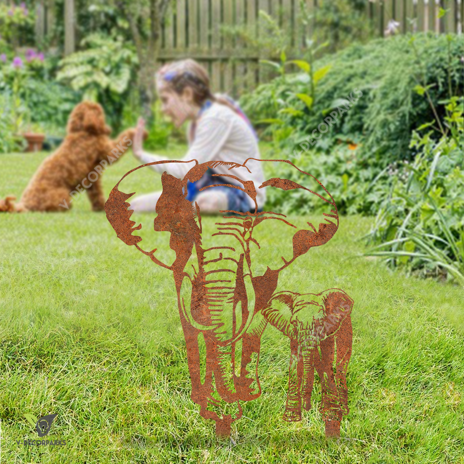 Rustic Elephant Mom And Baby Elephant Metal Garden Art