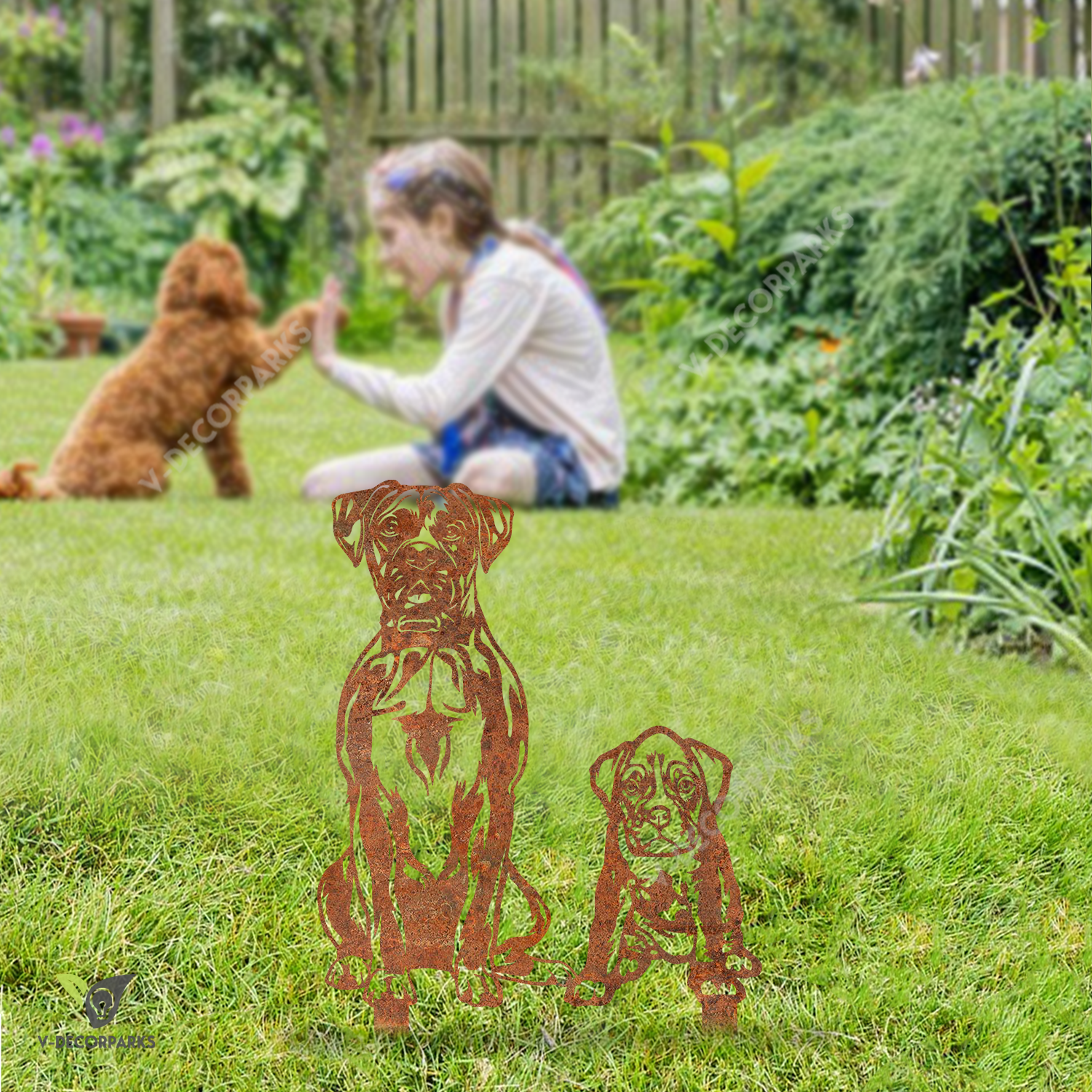 Rusted Mother Boxer Dog And Boxer Child Metal Garden Art, Boxer Outside Stake