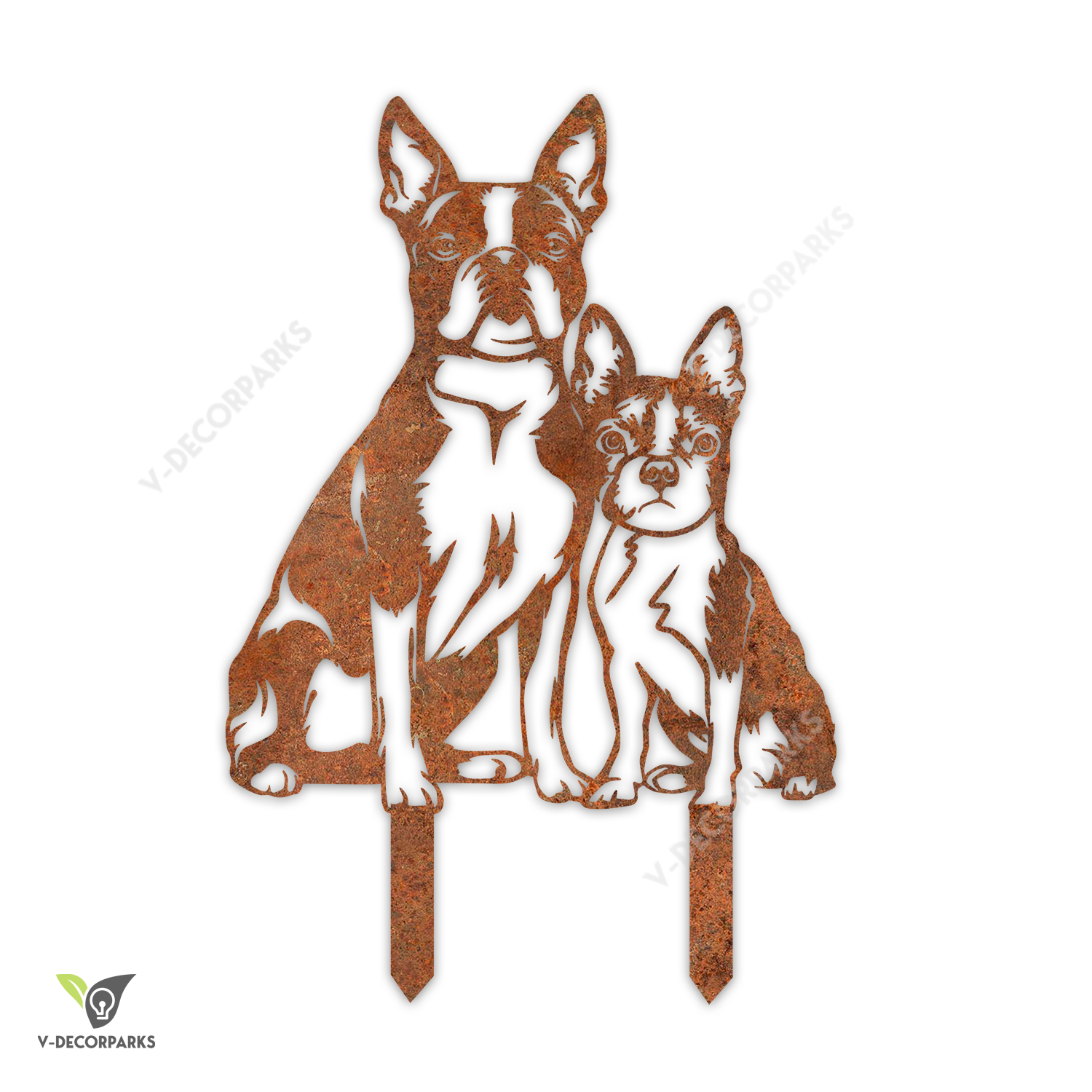 Rusted Boston Terrier Dog Mother With Boston Terrier Baby Metal Garden Art, Boston Terrier Outer Stake