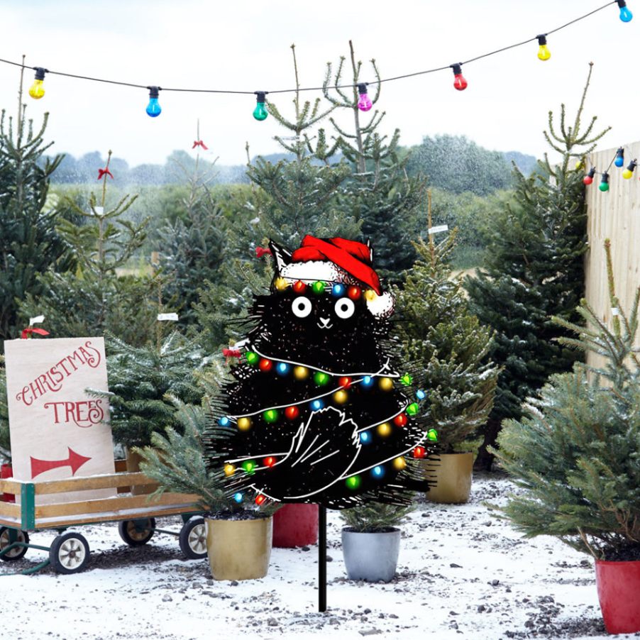 Merry Fluffmas Black Cat Metal Garden Sign, Christmas Cat Yard Sign