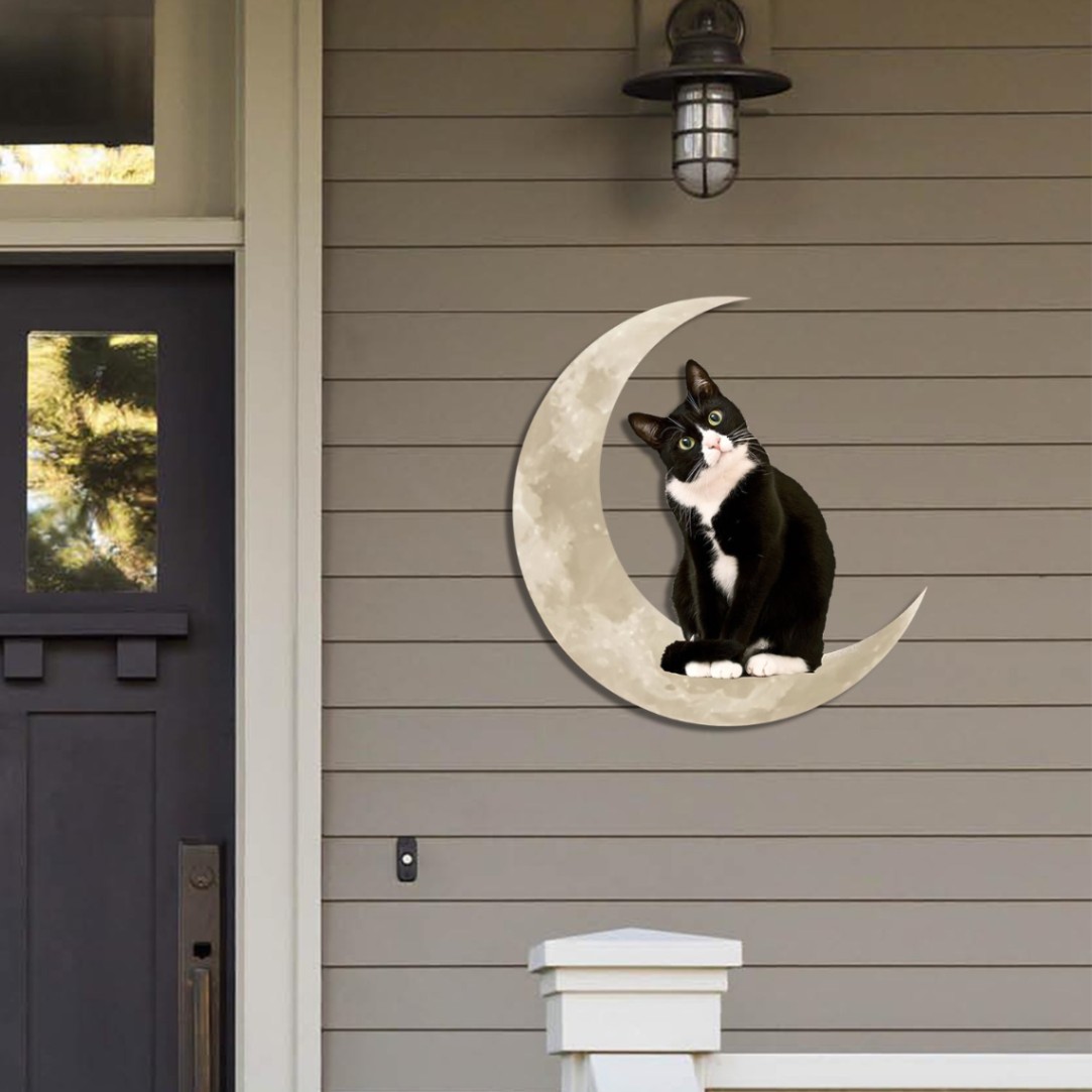Tuxedo Kitten And Moon Metal Sign, Cat Wall Hanging, Evergreen Plaque