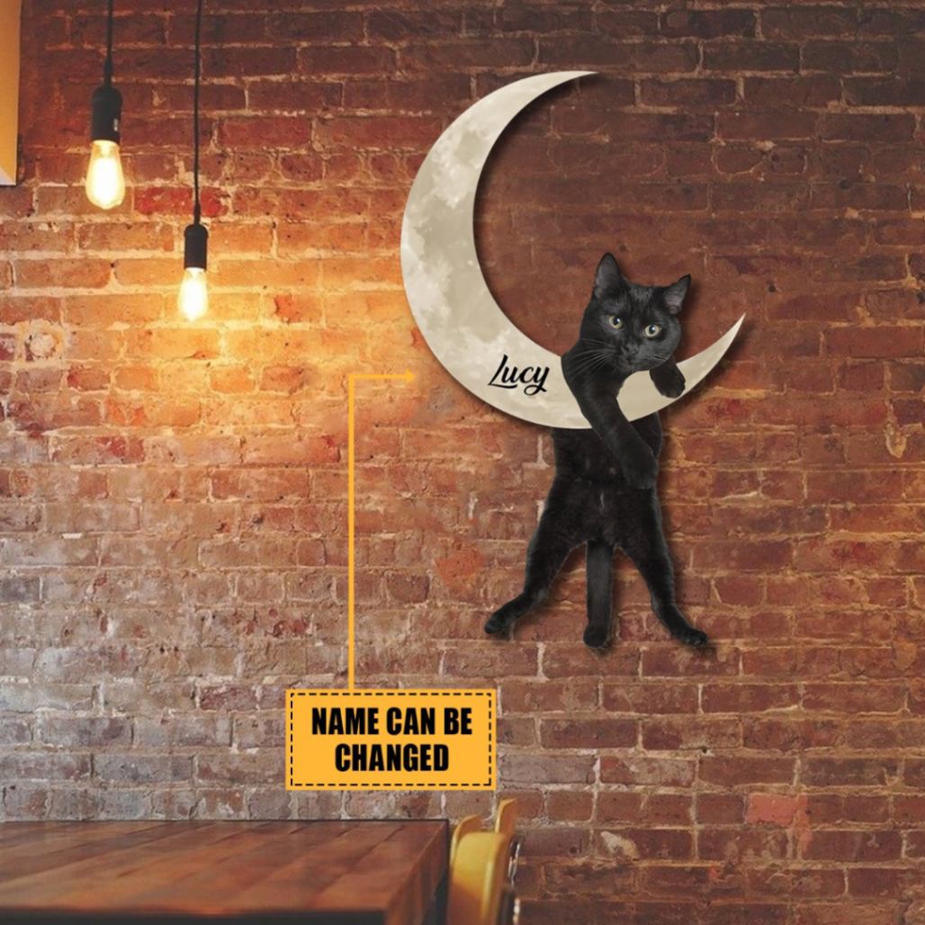 Black Cat And Moon Customized Metal Art, Kitten Wall Decor