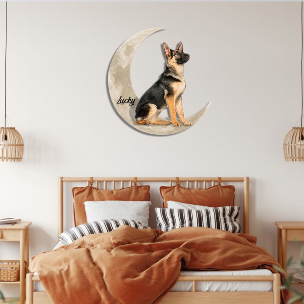 Crescent Moon And German Shepherd Custom Living Room Decor For Dog Lovers, Colored Metal Wall Art, Many Sizes
