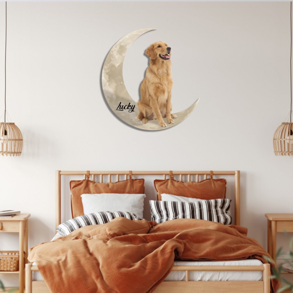 Custom Golden Retriever Sitting On Crescent Moon Colored Wall Hanging, Dog Lovers Metal Sign