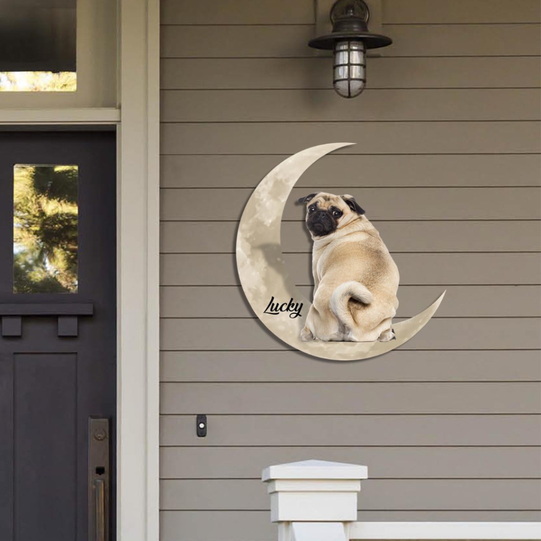 Cute Design Puppy Pug And Moon Personalized Name Wall Art, Dog Lover Metal Decor, Many Sizes Available