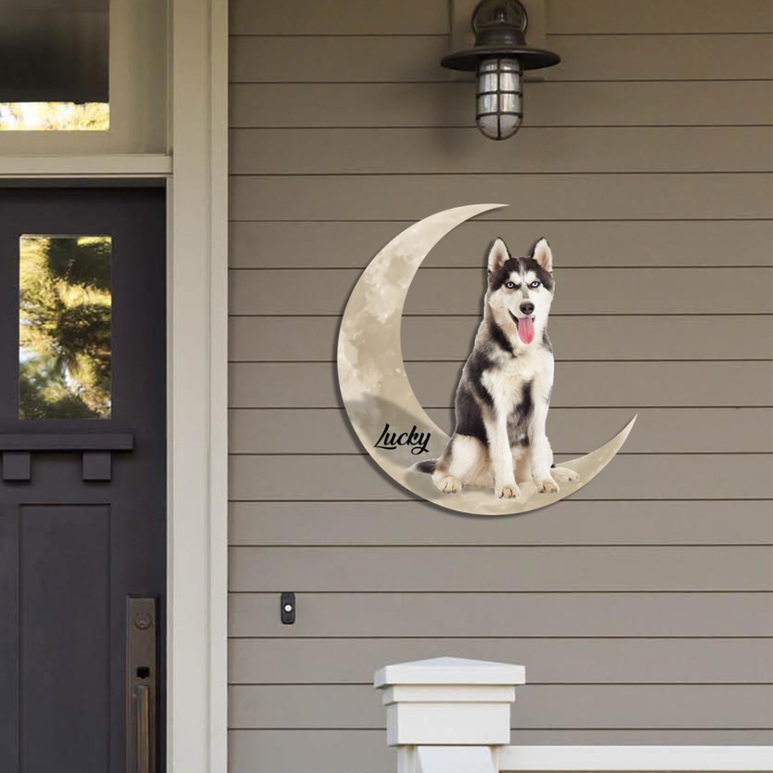 Funny Siberian Husky Sitting On Moon Custom Name Colored Metal Art, Living Room Wall Decor