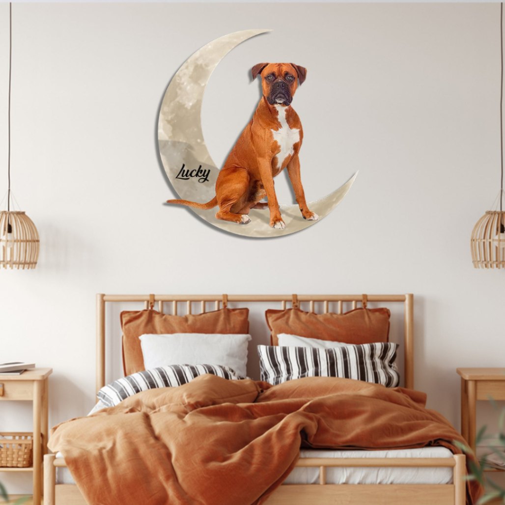 Boxer Dog And Crescent Moon Personalized Name Wall Hanging, Dog Colored Metal Sign