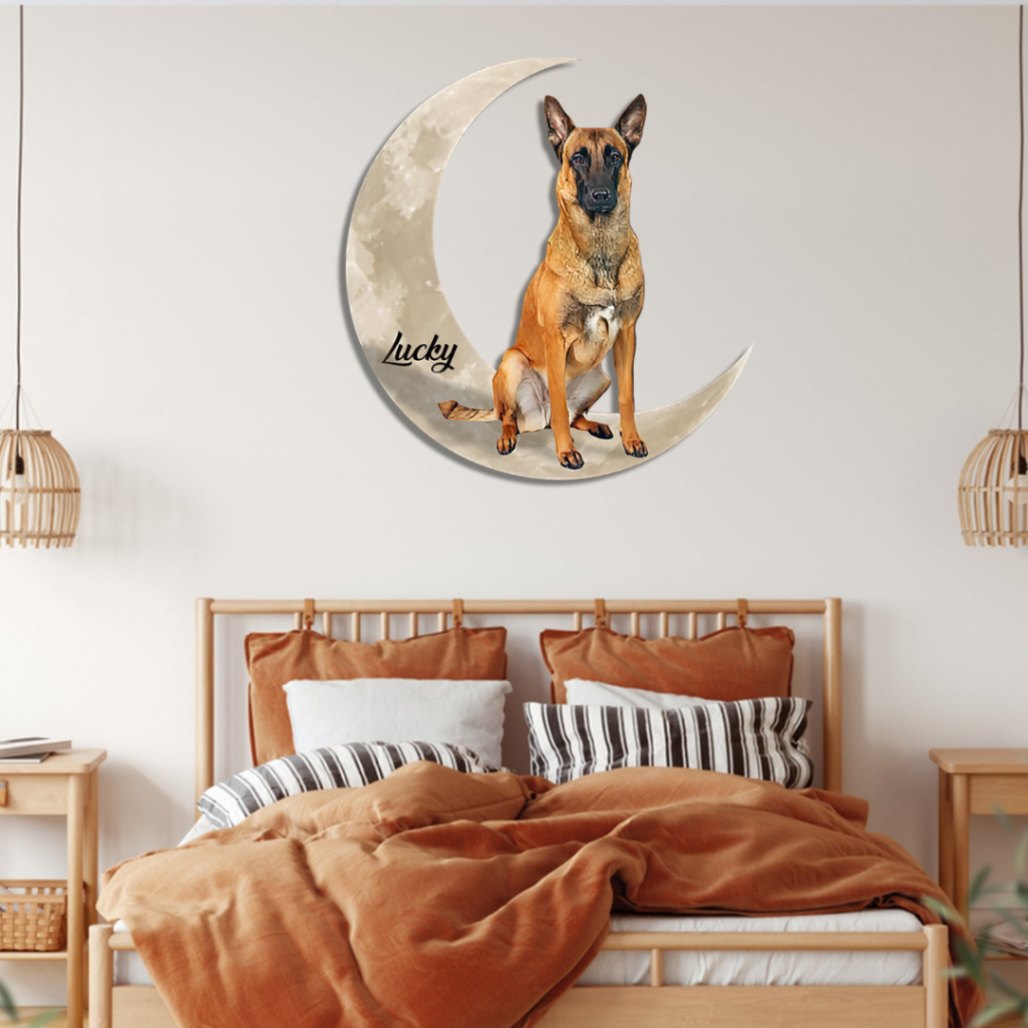Custom Belgian Malinois And Crescent Moon Metal Sign, Dog Home Decor, Small To Large Sizes