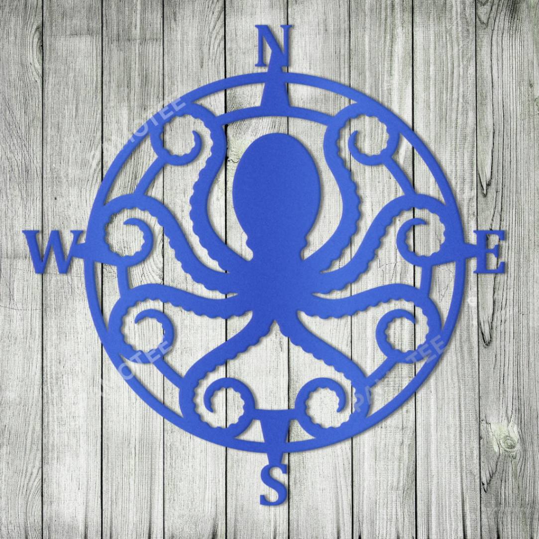 Blue Octopus Nautical Compass Metal Wall Hanging Art, Home Decor, Choose Size & Color
