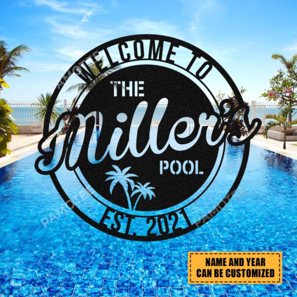 Personalized Family Name Welcome To The Pool Metal Sign, Large Sizes Available