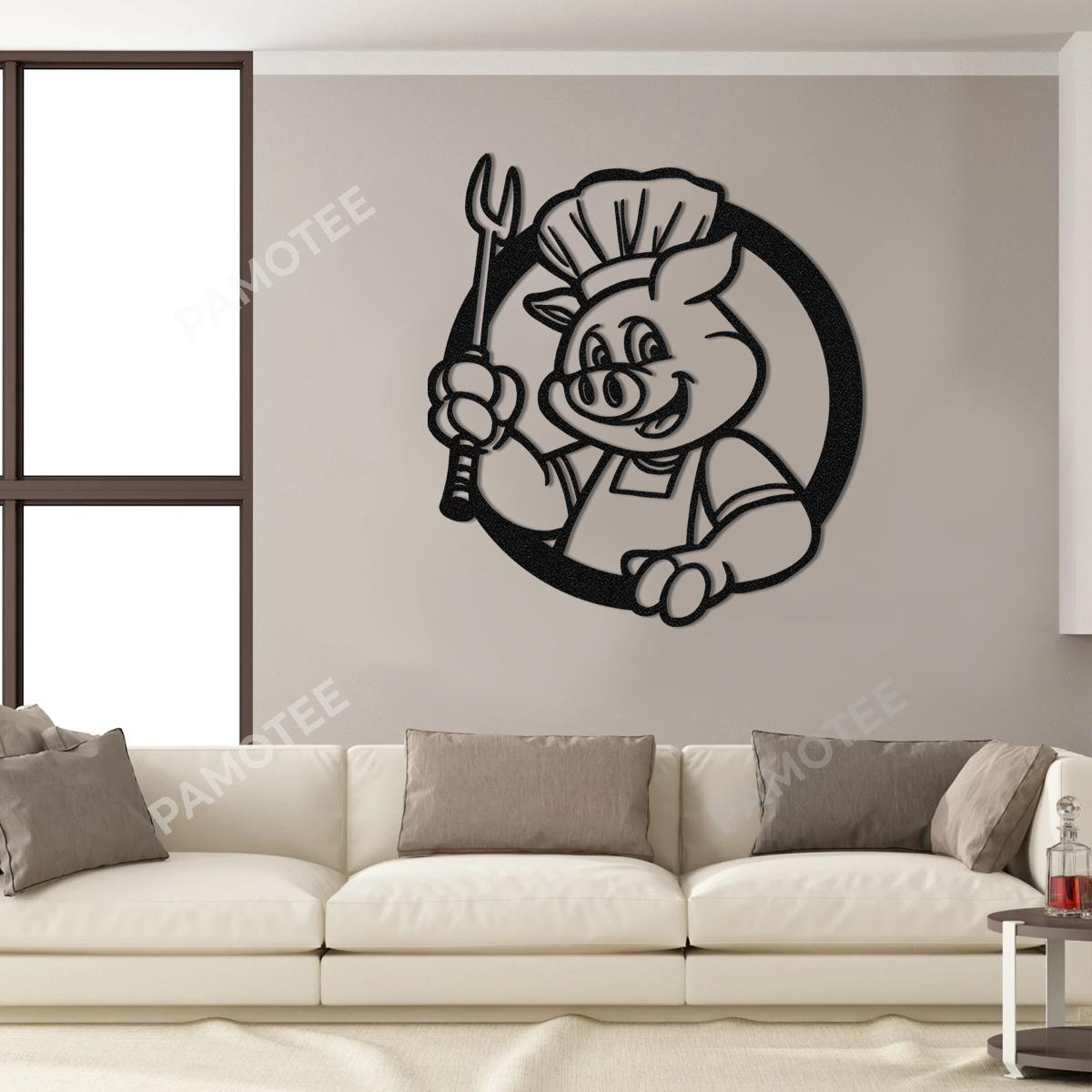 Cartoon Pig Chef Bar Grill Metal Wall Hanging, Outdoor Decor For Bbq Lovers, Small To Large Sizes