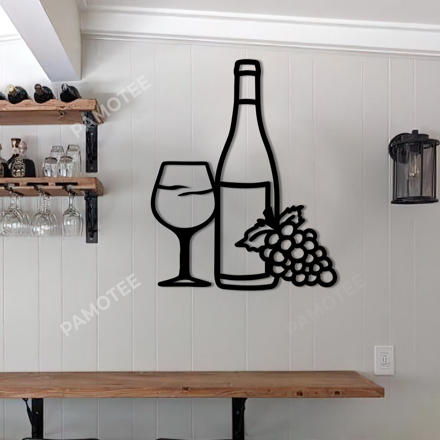 Glass Wine Bottle Grape Wall Art Metal, Bar Sign Home Decor, Many Size And Color