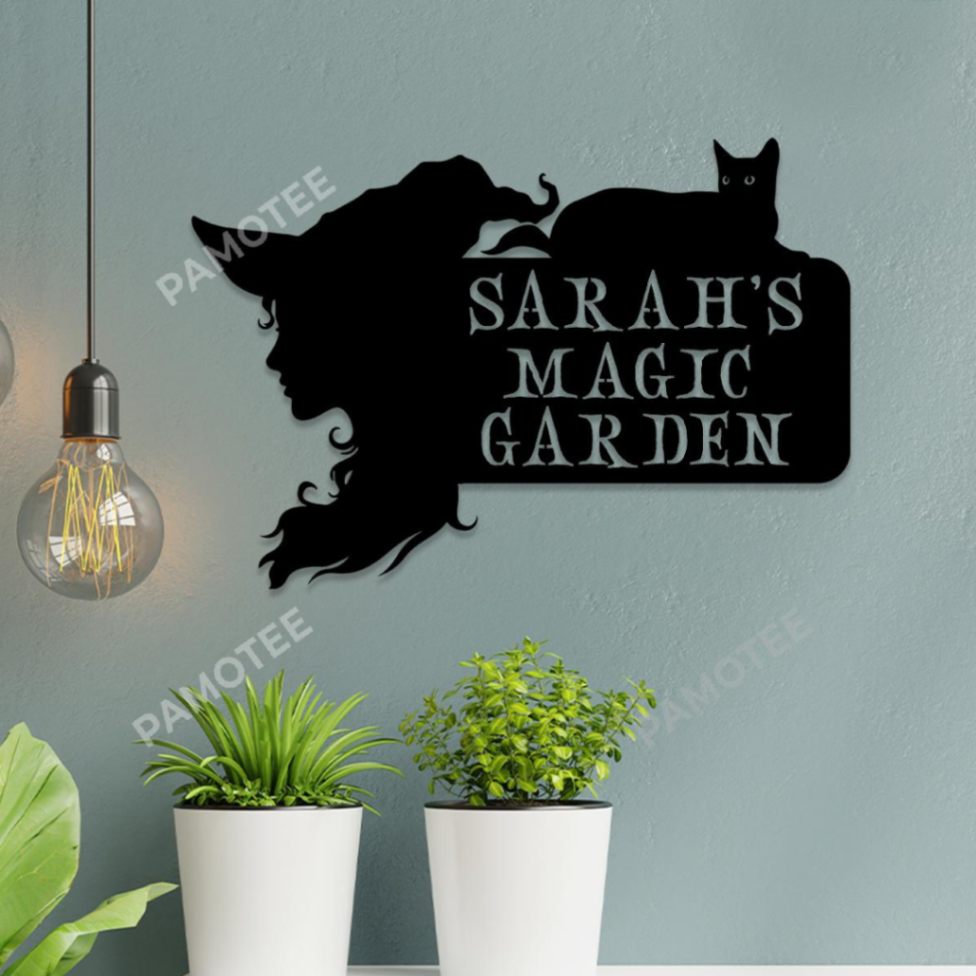 Personalized Witch Black Cat Halloween Metal Garden Sign, Yard Decor, Black Color