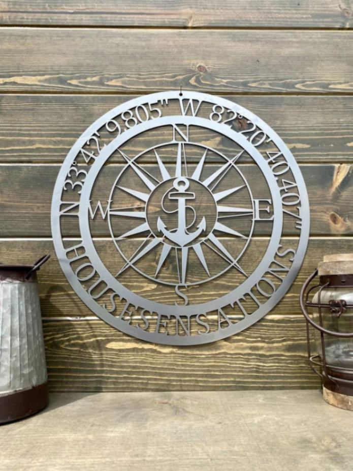 Gps Anchor With Name Compass Custom Metal Art, Cut Metal Sign, Metal Wall Art, Metal House Sign