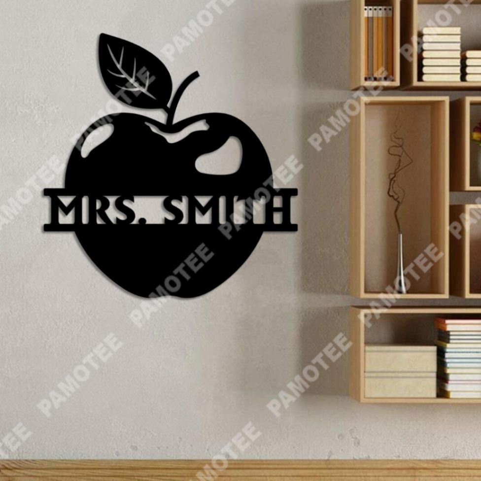 Apple Silhouette With Custom Teachers Name Metal Sign, Classroom Wall Decor