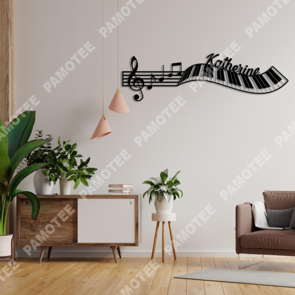 Music Riff & Piano Keys Personalized Name Metal Sign, Piano Players Wall Art, Black Color