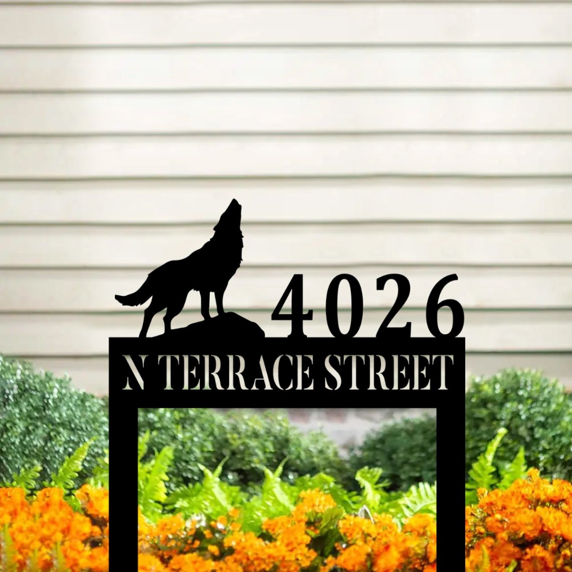 Howling Wolf With Custom Home Address Metal Sign, Yard Art Decor For Wolf Lovers