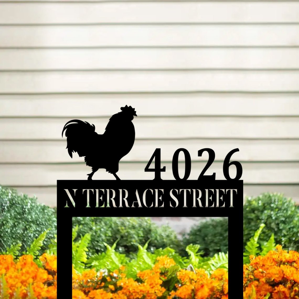 Custom Address Number With Rooster Design Metal Yard Sign, Chicken Outdoor Decor