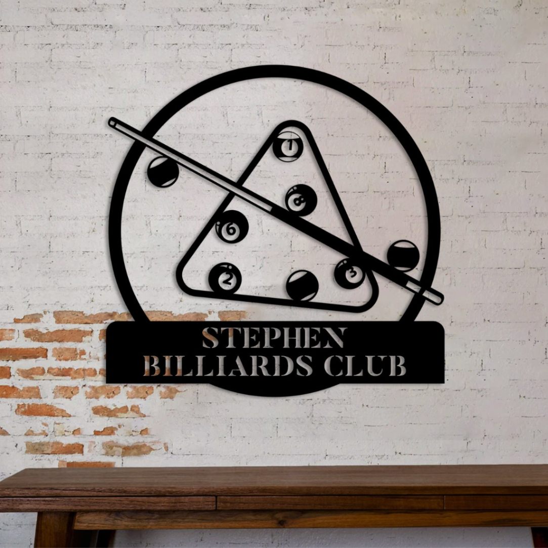 Personalized Billiards Club Balls Cue And Rack Metal Sign, Men Cave Wall Art Decor