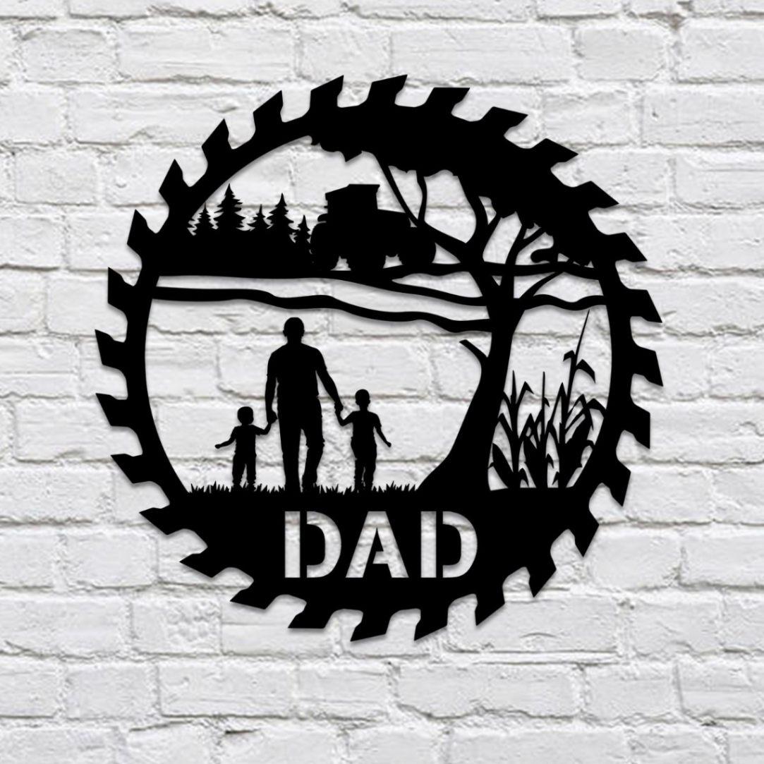 Custom Saw Blade Father And Two Sons Tree Forest Tractor Metal Wall Hanging, Artwork Decor For Dad