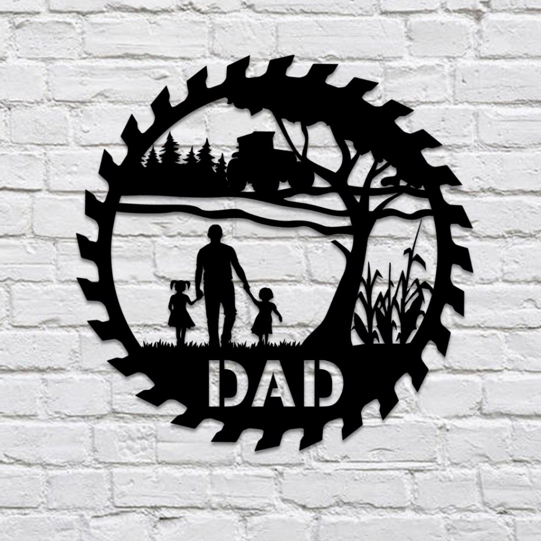 Personalized Dad And Two Daughters Farm Scence Tractor Metal Wall Art, Fathers Day Home Decor