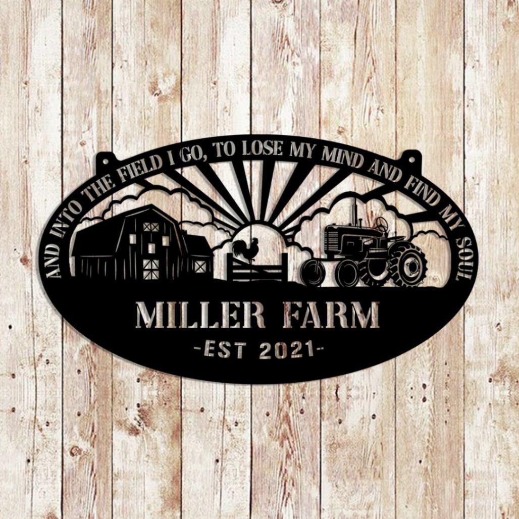 Custom Farm Sign Barn Rooster And Tractor At Dawn Into The Field I Go Design, Black Metal Hanging Decor