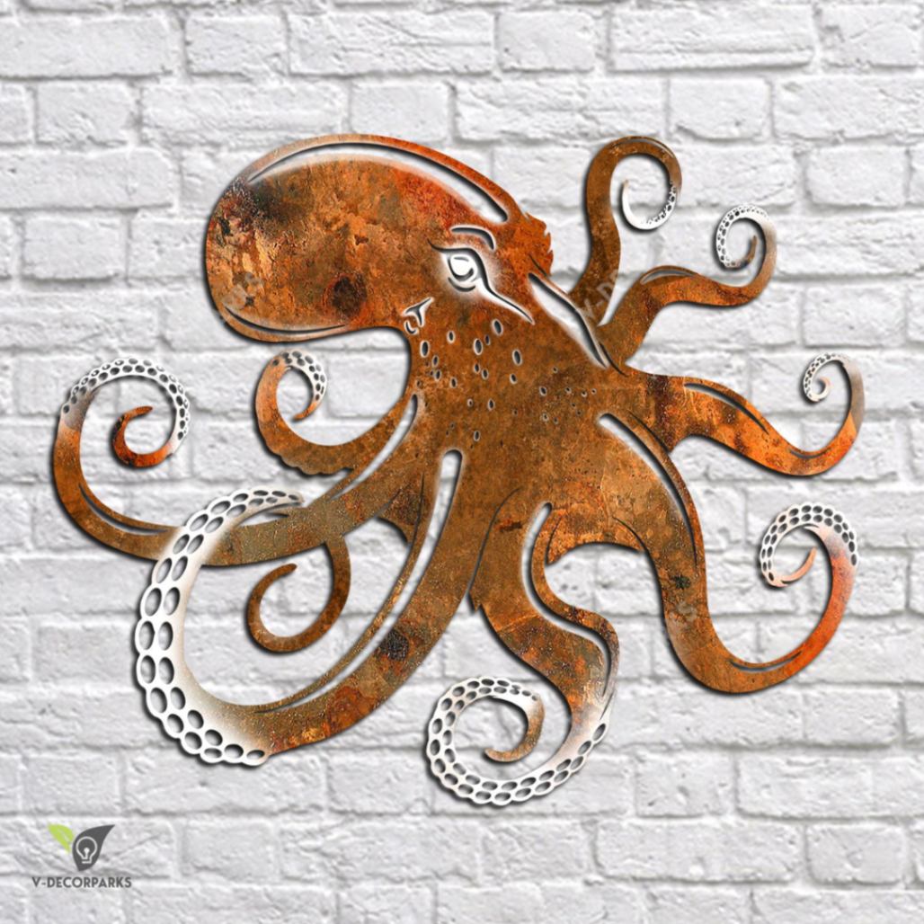 Rusty Color Octopus Metal Wall Decoration, Rusted Octopus Ocean Steel Art