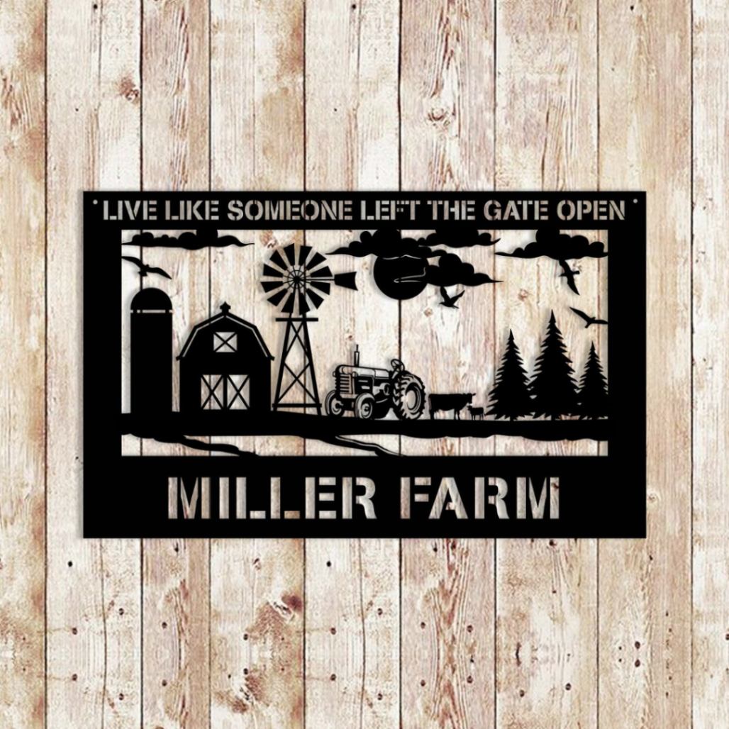 Personalized Live Like Someone Left The Gate Open Barn Windmill Tractor Cow Sun And Clouds Metal Sign, Black Color