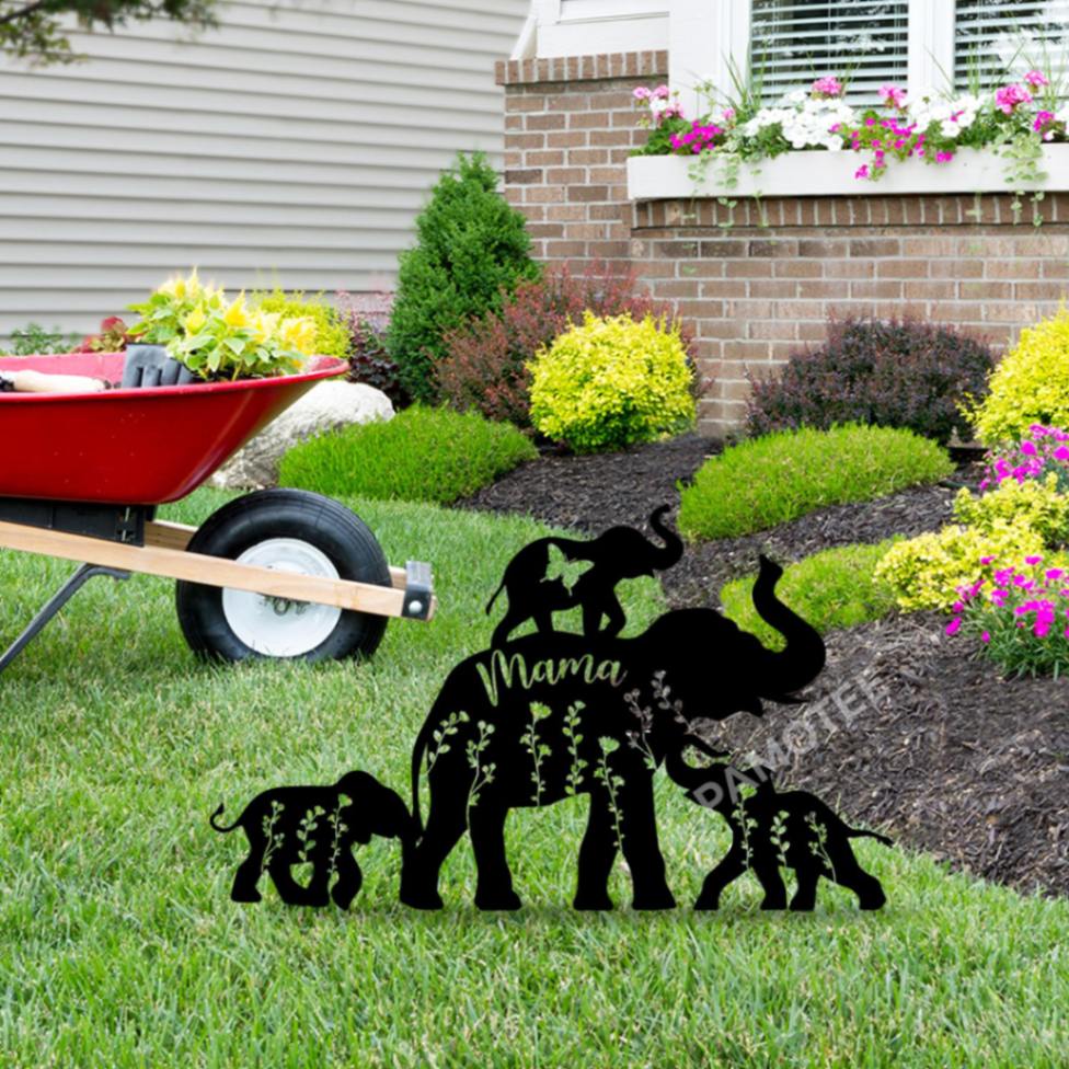 Custom Elephant Mom And Baby Elephants Metal Garden Stake, Weatherproof Mother's Day Gift Pamotee