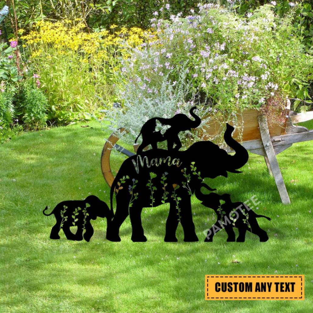 Custom Elephant Mom And Baby Elephants Metal Garden Stake, Weatherproof