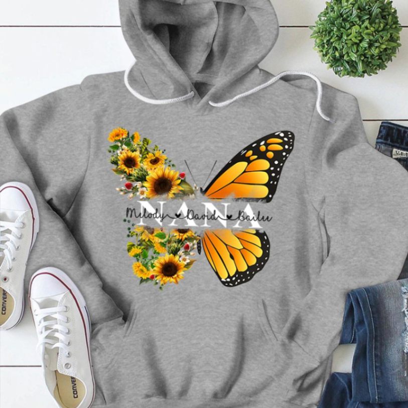 Personalized Nickname & Grandkids Names Shirt - Butterfly Sunflower Hoodie Unisex T-shirt Hoode Plus Size S-5xl