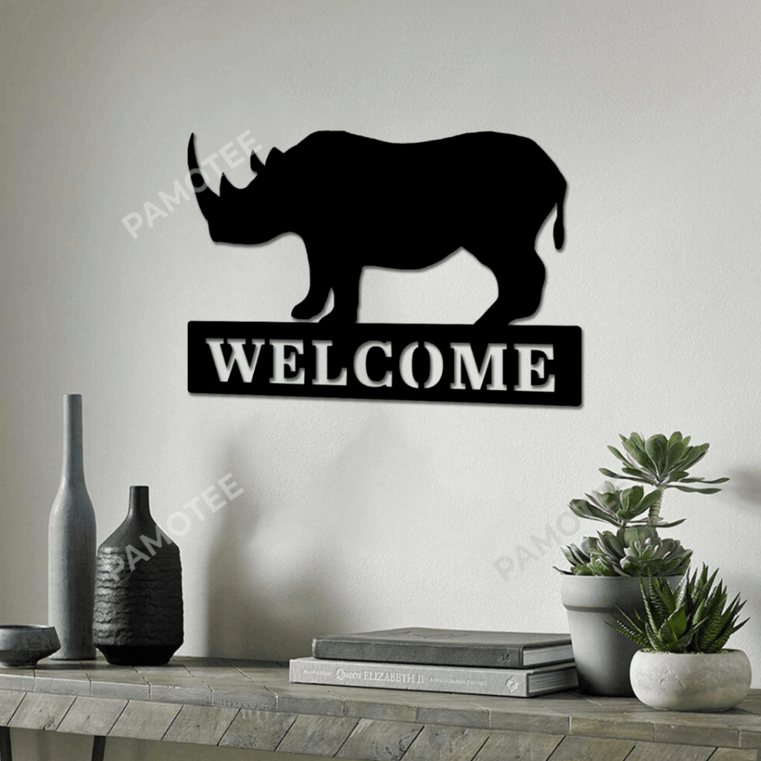 Rhino Welcome Metal Sign, Rhino Silhouette Wall Art Decor, Wall Hanging, Metal Wall Art