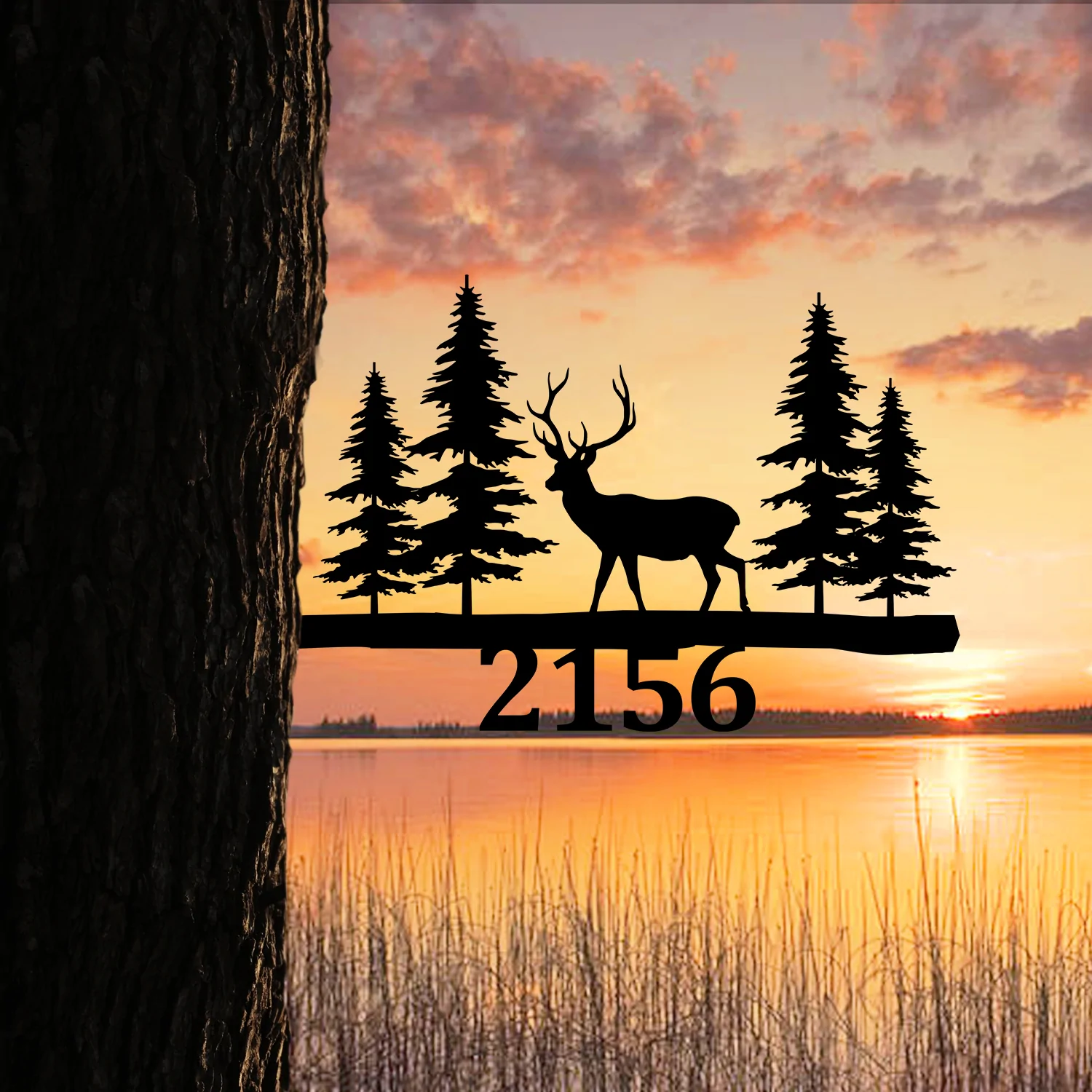 Deer In Pine Tree Forest Custom Address Sign, Garden Metal Tree Stakes For Hunting Lovers